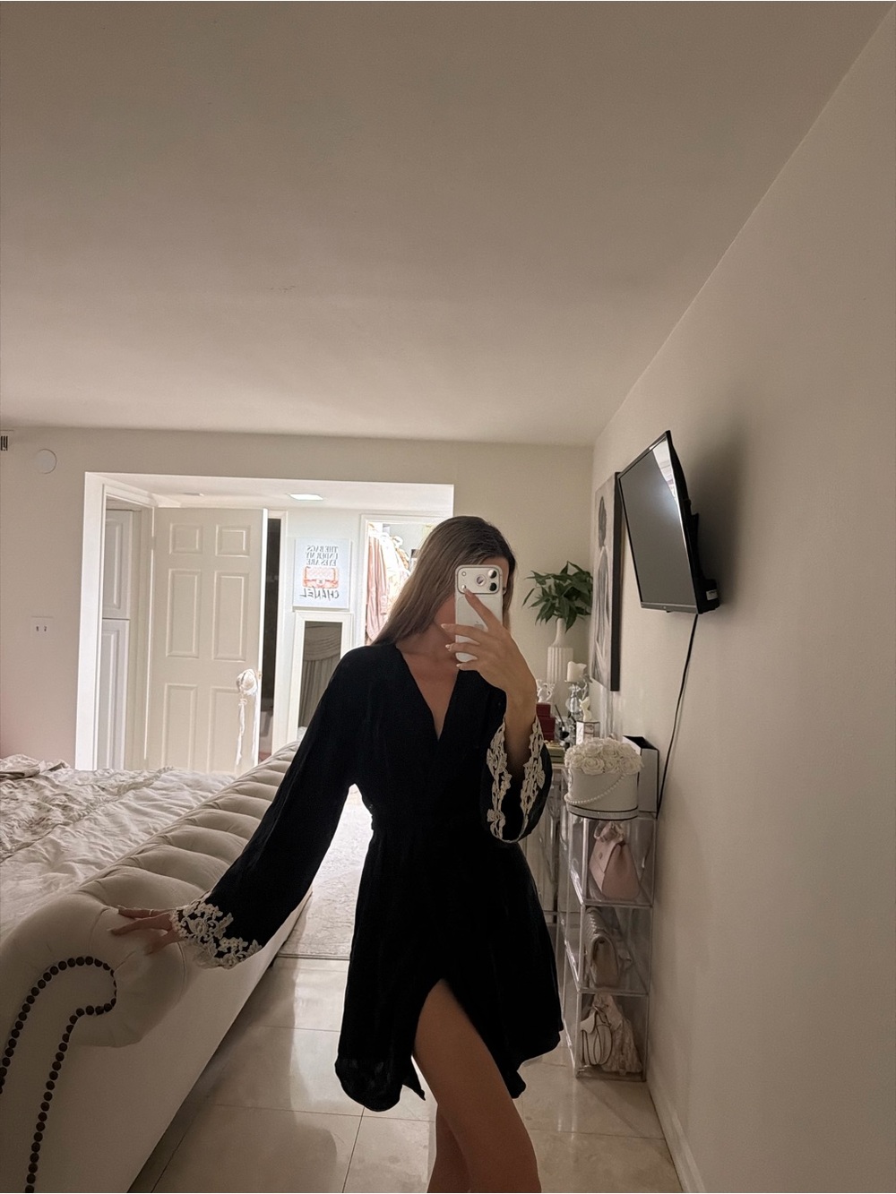 La Perla Black Silk Wrap Robe with White Lace Cuffs
